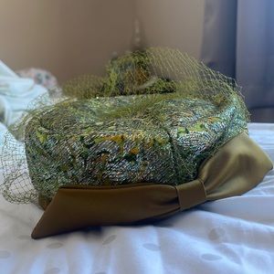 Vintage 50's/60's Brocade Fabric Shimmery Pillbox  Hat with Bow Union Made